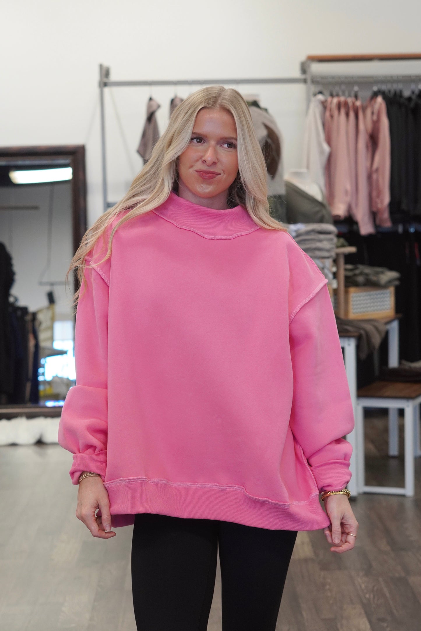 Reversible Mock Neck Sweatshirt, Long Sleeves, Full Length, Oversized,  Dark Pink