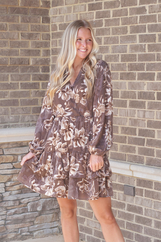 brown and beige floral long-sleeve mini dress with elastic band 
