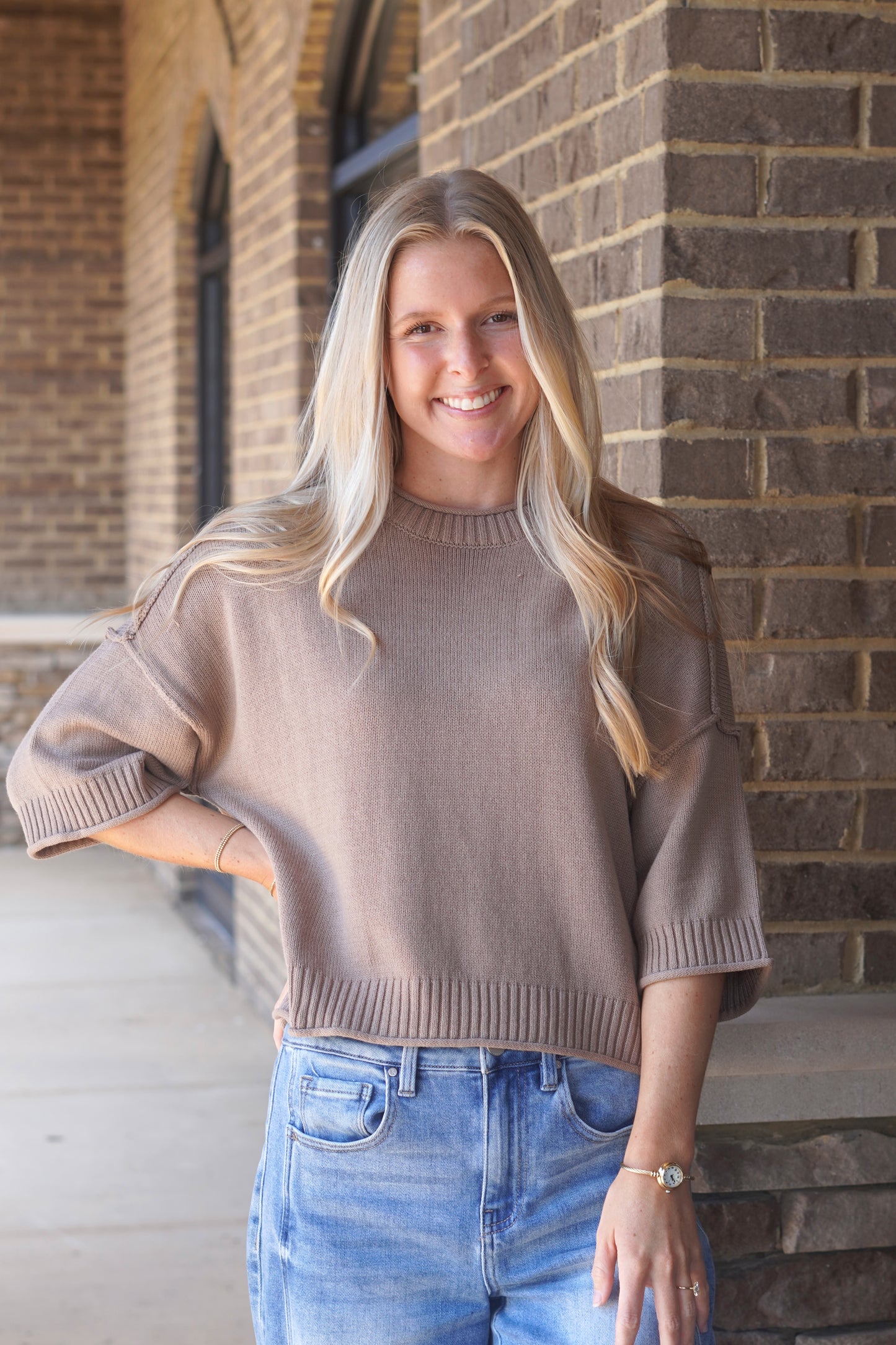 Teagan Taupe Knit Short Sleeve Sweater