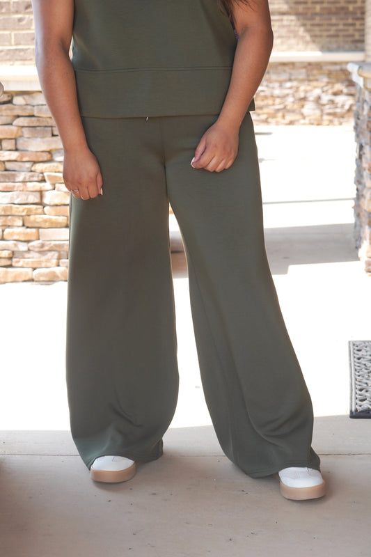 wide leg olive green stretchy pants 