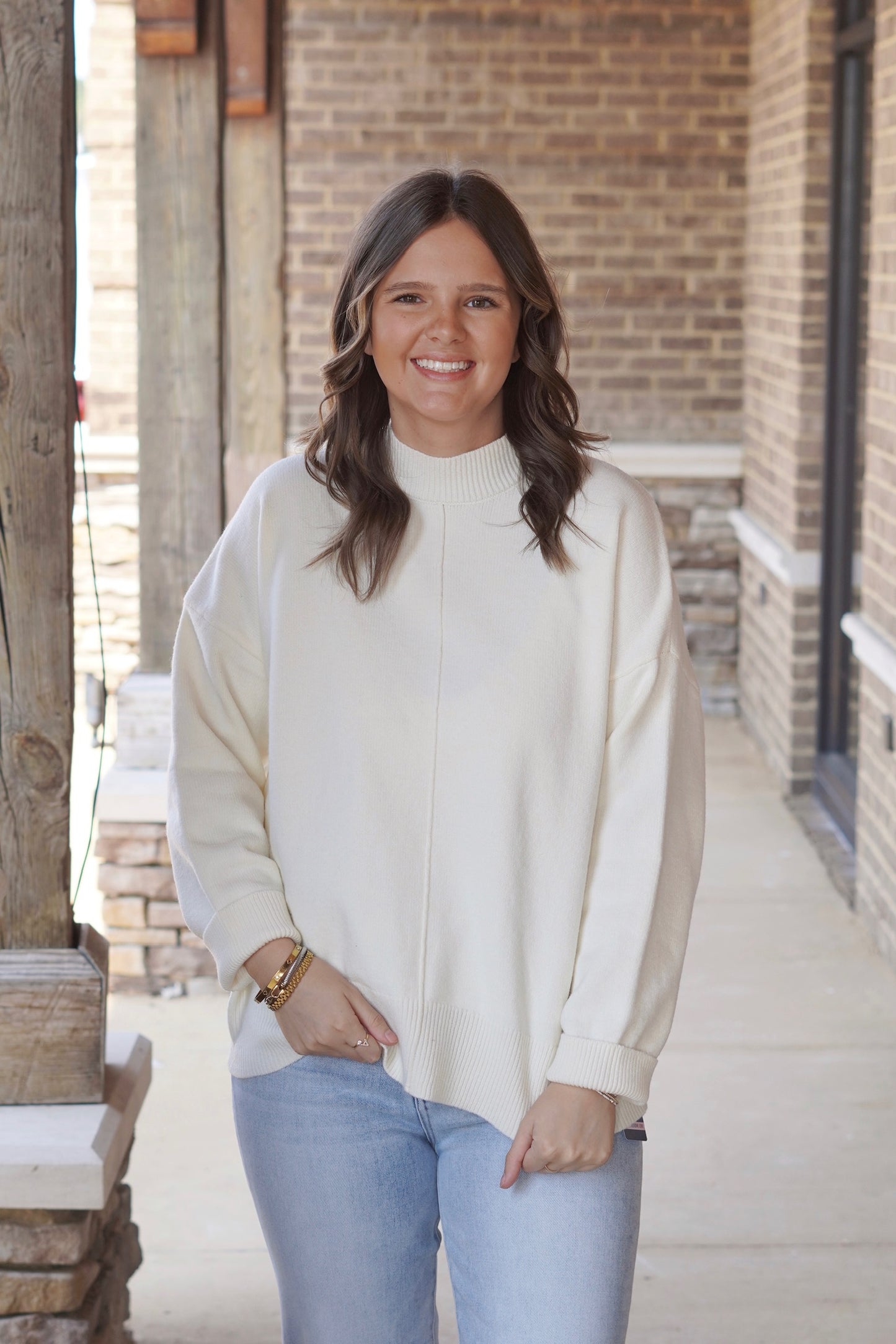 Farryn Front Seam Sweater, Mock Neckline, Long Sleeves, Oversized, Front Seam Detail, Colors: Cream, Full Length. 