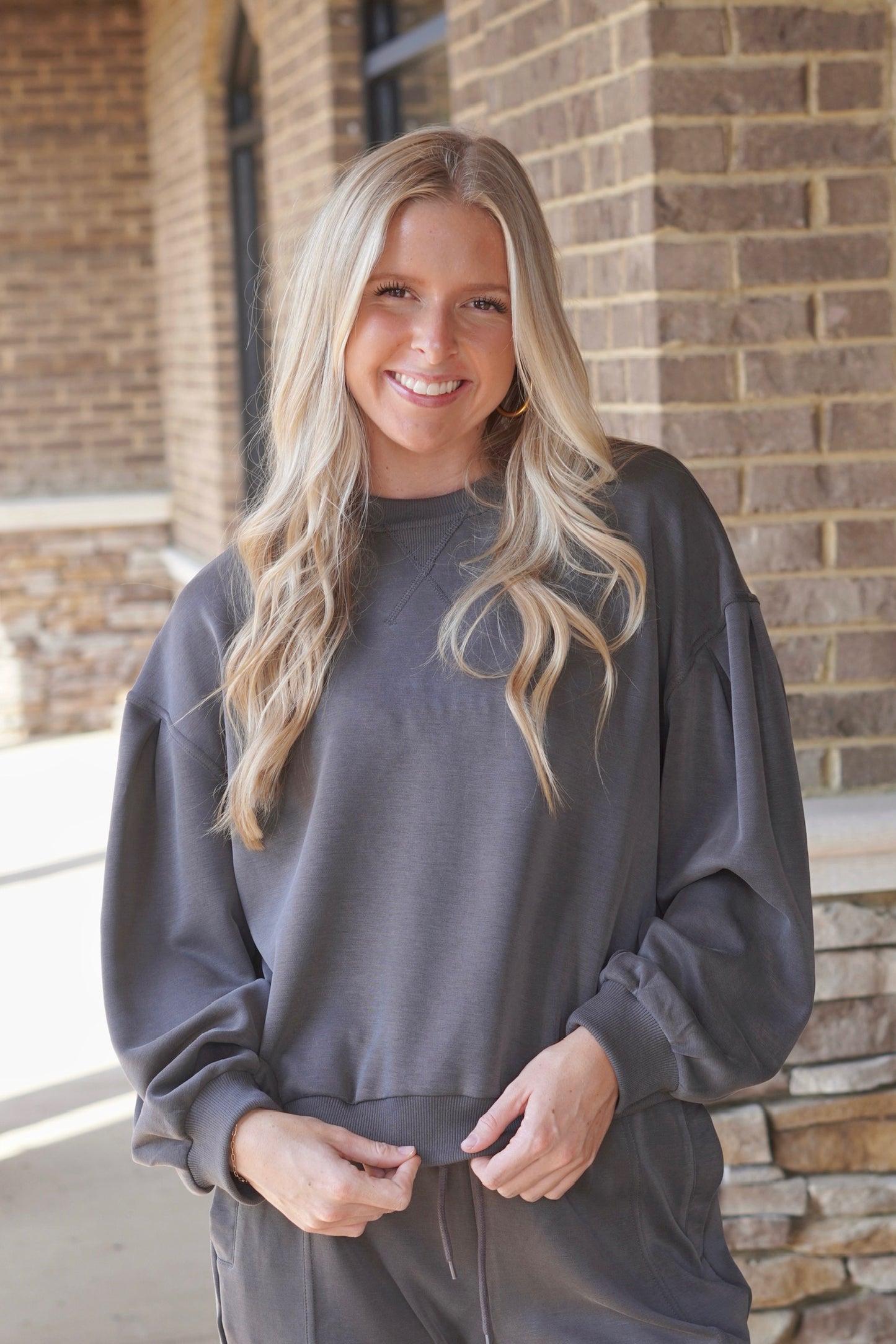 On The Go Sleek Brown Pullover, Round Neckline, Long Sleeves, Relaxed Fit, Full Length, True To Size, Color:  Charcoal. 