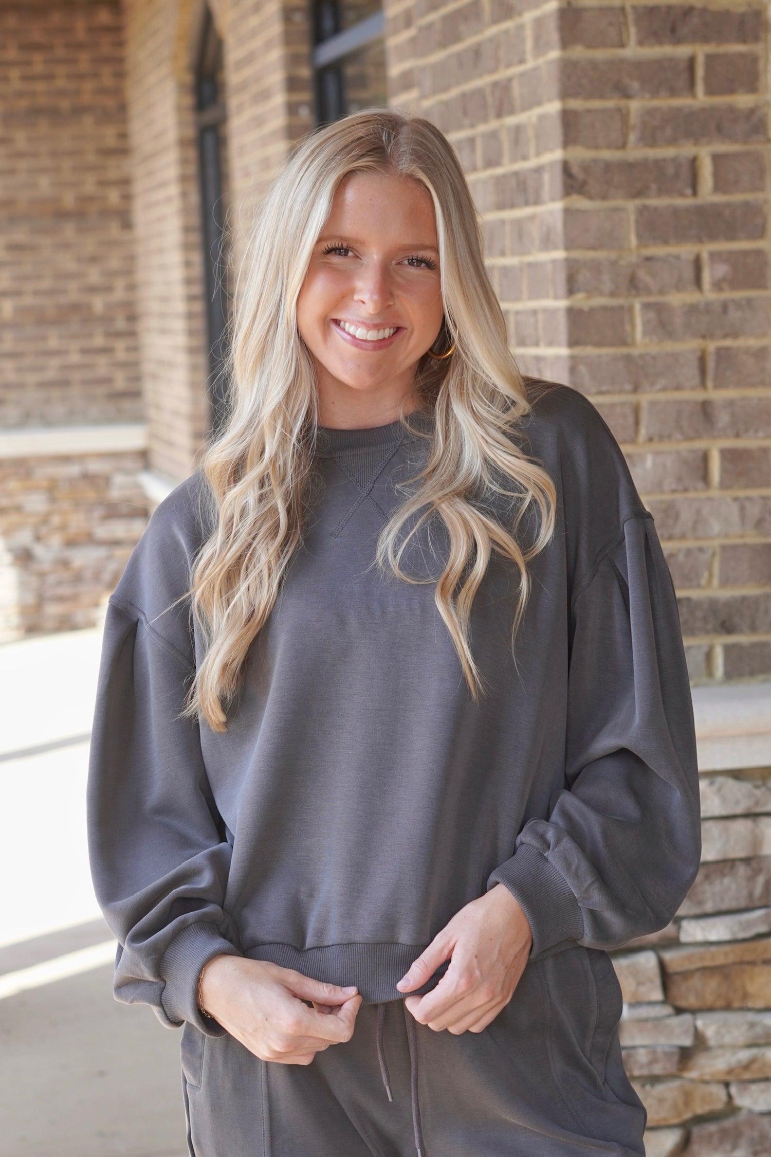 On The Go Sleek Brown Pullover, Round Neckline, Long Sleeves, Relaxed Fit, Full Length, True To Size, Color:  Charcoal. 