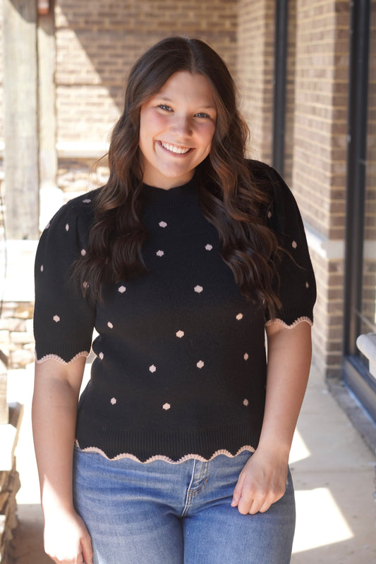 Classic Black Polka Dot Scallop Top