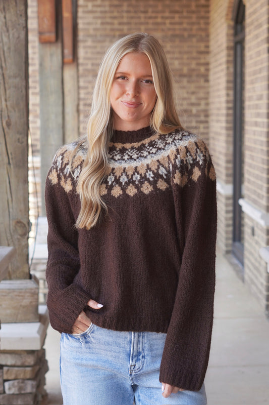 Parker Fair Isle Knit Sweater, Round Neckline, Long Sleeves, Wool Material, Fair Isle Print, Relaxed Fit, Colors: Dark Brown, Cocoa, Ivory