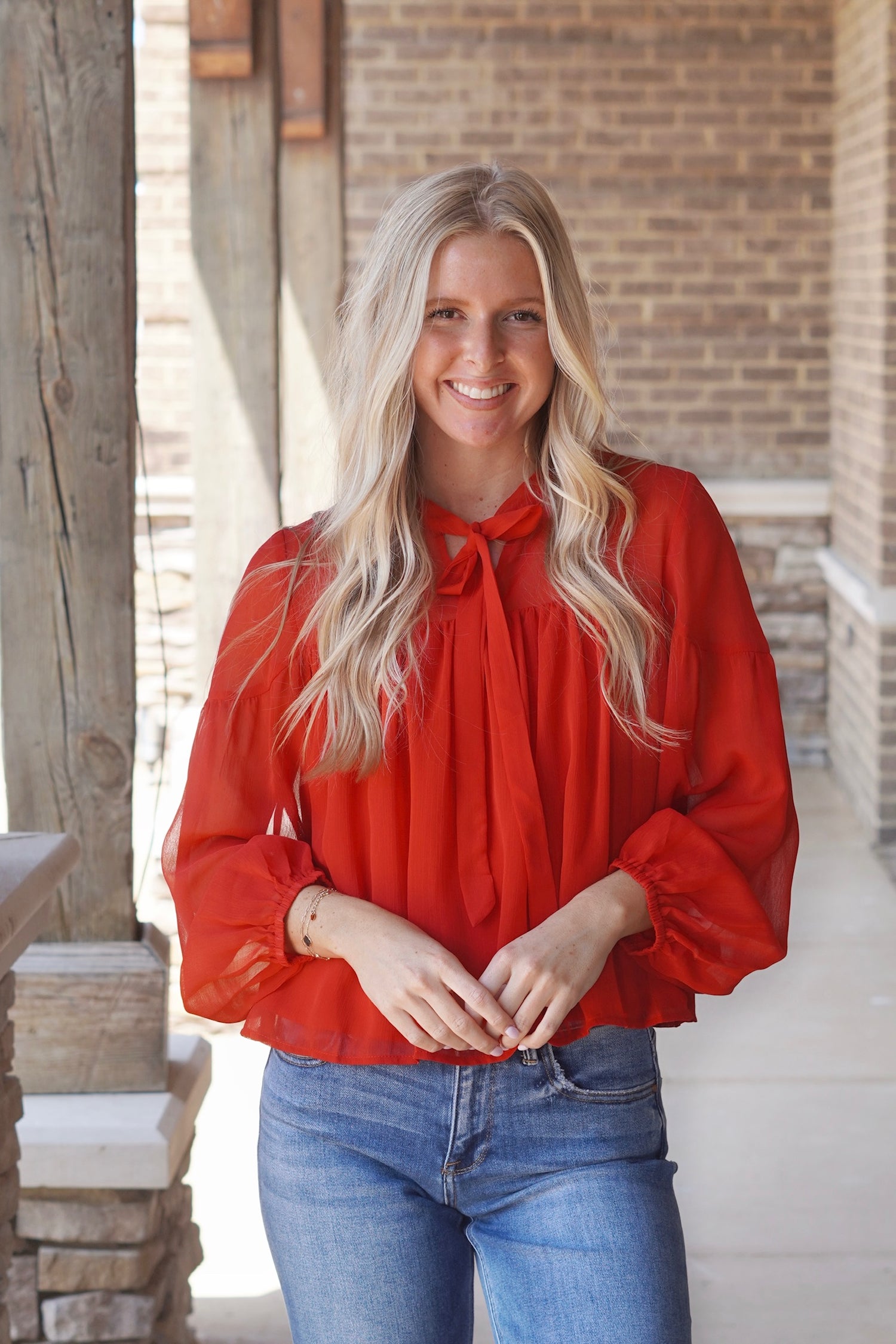 Celeste Classy Red Long Sleeve Blouse, Split Neckline with Tie, Long Sleeves, Waistline Length, Color: Red, Relaxed Fit, Flowy