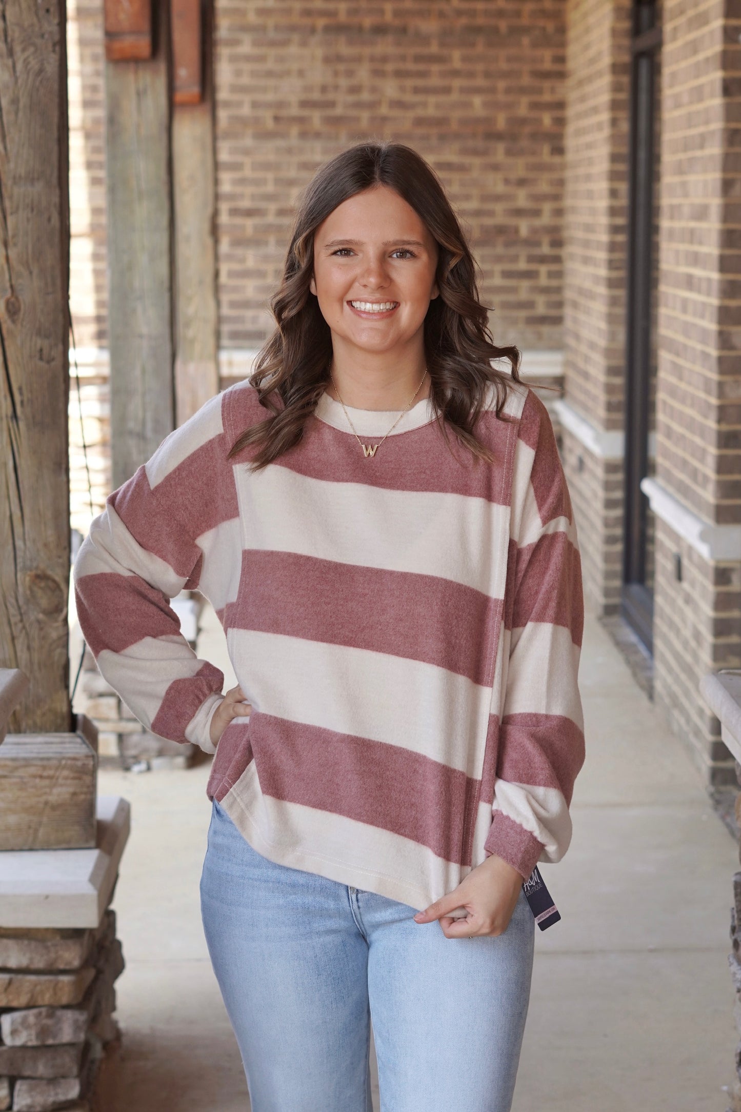 Sutton Striped Soft Long Sleeve, Round Neckline, Long Sleeves, Striped, Soft Knit Material, Relaxed Fit, Waistline Length, Colors: Burgundy. 