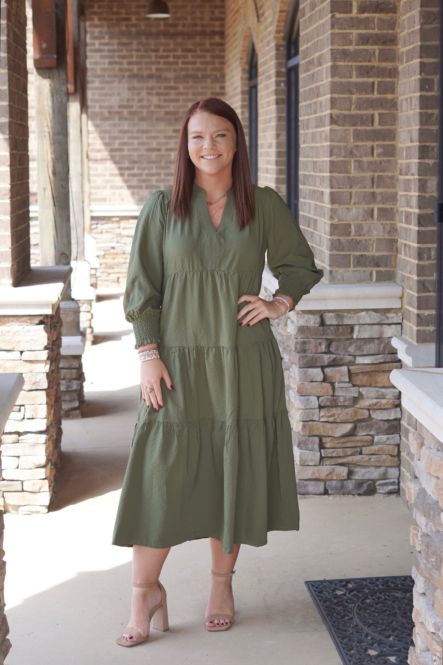 Olive Classy V-Neck Midi Dress, V-Neckline, Elbow Length Sleeves, Midi Dress, Color: Olive