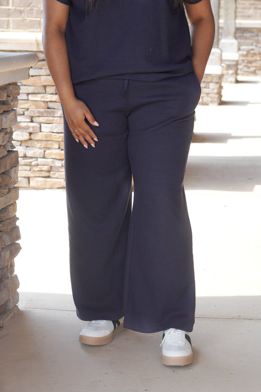 navy wide leg waffle knit pants