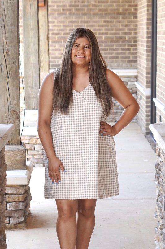 Penny Plaid Denim Dress, V-Neckline, Sleeveless, Pockets, Back Zipper Closure, Plaid, Color: Cream/taupe