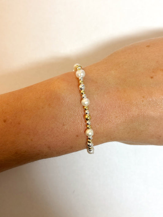3mm/4mm Silver, Gold And Pearl Mixed Beaded Bracelet