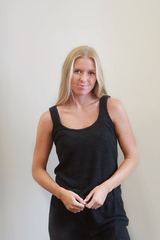 Black Cozy Knit Tank Top, Round Neckline, Sleeveless, Relaxed Fit, Skimmer, Length, Terry Cloth