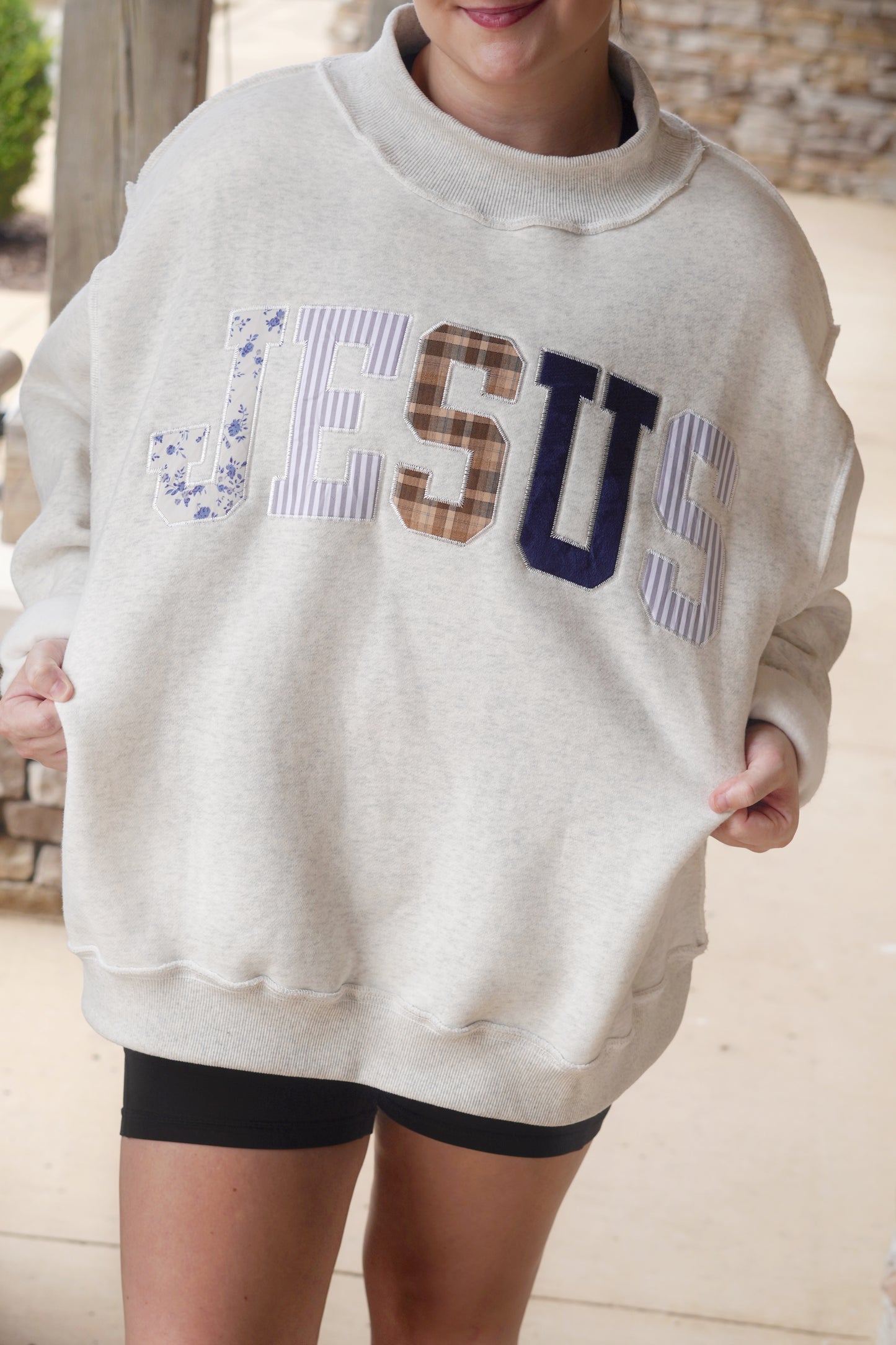 Jesus Patchwork Embroidered Mockneck