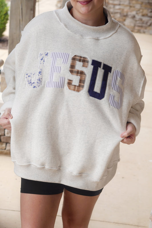 Jesus Patchwork Embroidered Mockneck