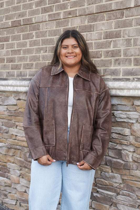 Autumn Faux Leather Zip Up Jacket, Collar Neckline, Long Sleeves, Zip Up, Color: Brown, Fuax Leather, Pockets