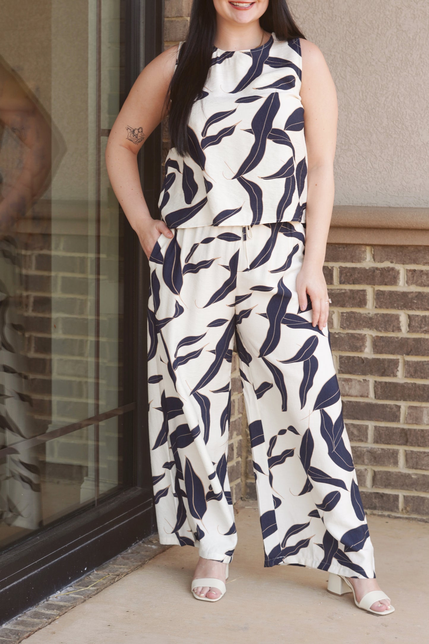 Navy Leaf Print Wide Leg Pants