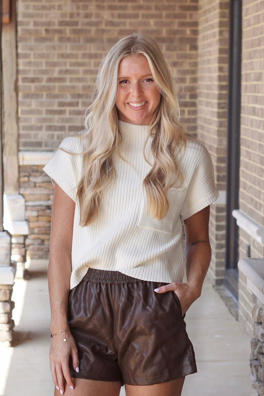 Charlie Cap Sleeve Sweater, Mock Neckline, Cap Short Sleeves, Ribbed Material, Cropped, Color: French Vanilla