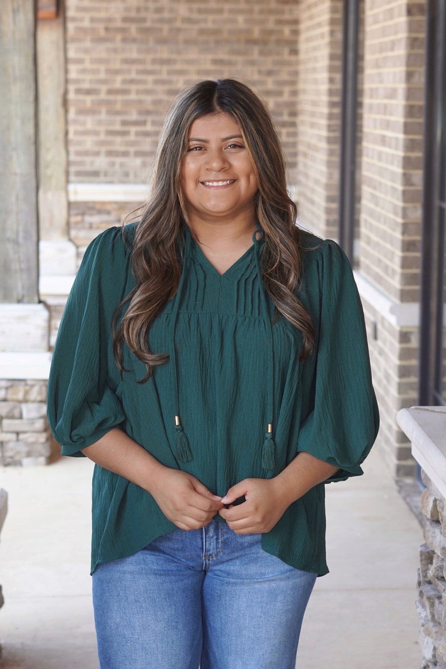Hunter Green Flowy Blouse, V-Neckline, Puff Sleeve Blouse, Full Length, Color: Green, Drawstrings with Gold Detail