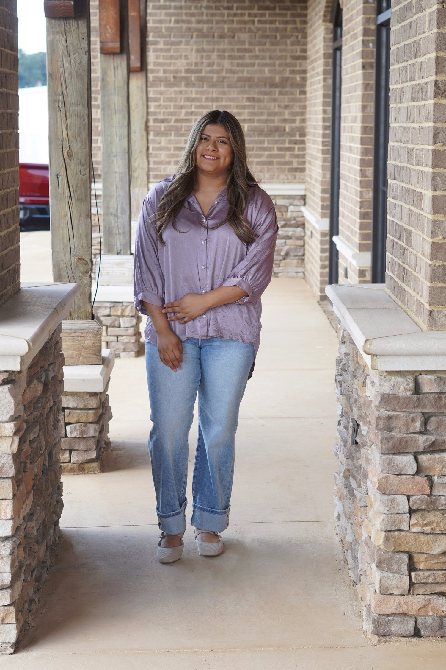 So Sleek Satin Flowy Blouse, Collar Neckline, Quarter Length Sleeves, Color: Purple Haze, Flowy,  Full Length, Pearl Buttons, Satin Material. 
