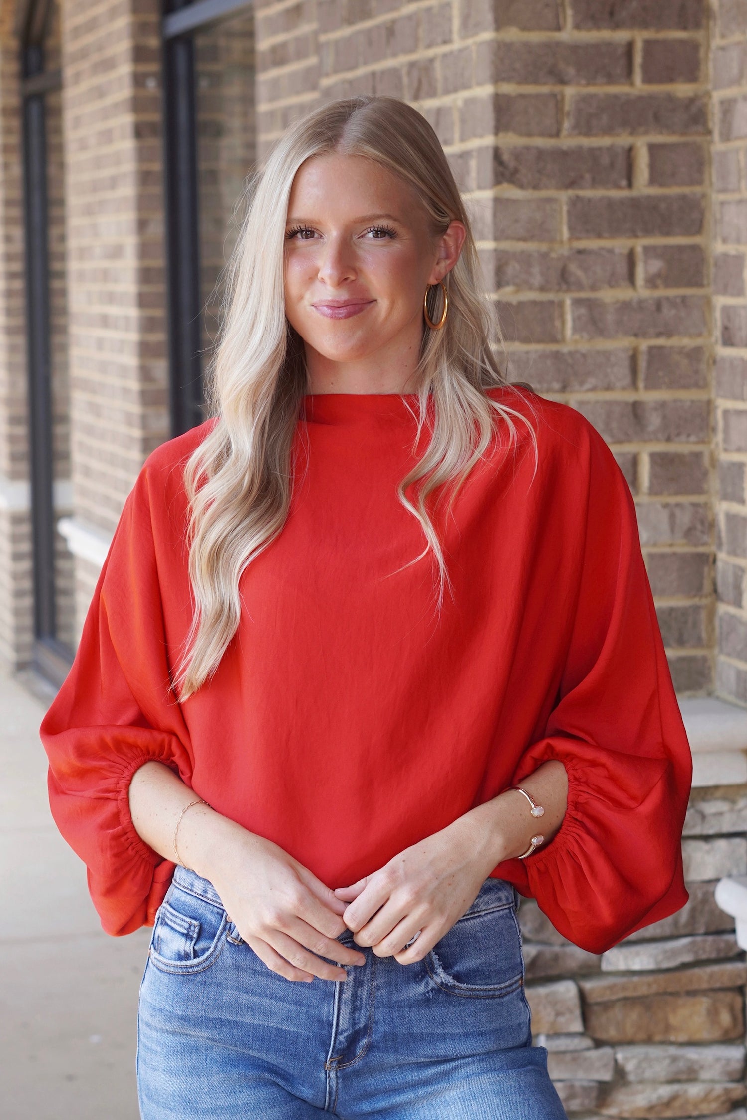 Women wearing a  Red Satin Blouse, Boat Neckline, Elbow Sleeves, Relaxed Fit, Waistline Length