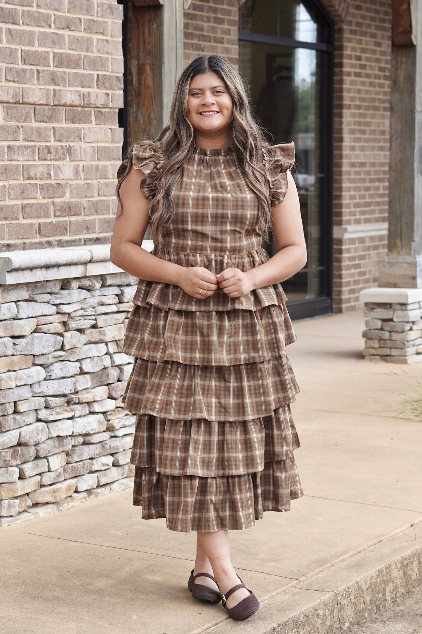 Georgia Gingham Ruffle Tiered Midi Dress, Ruffle Round Neckline, Cap Short Sleeves, Color: Brown, Gingham Print, Tiered Ruffle Midi Dress, True To Size, Dress Underlining