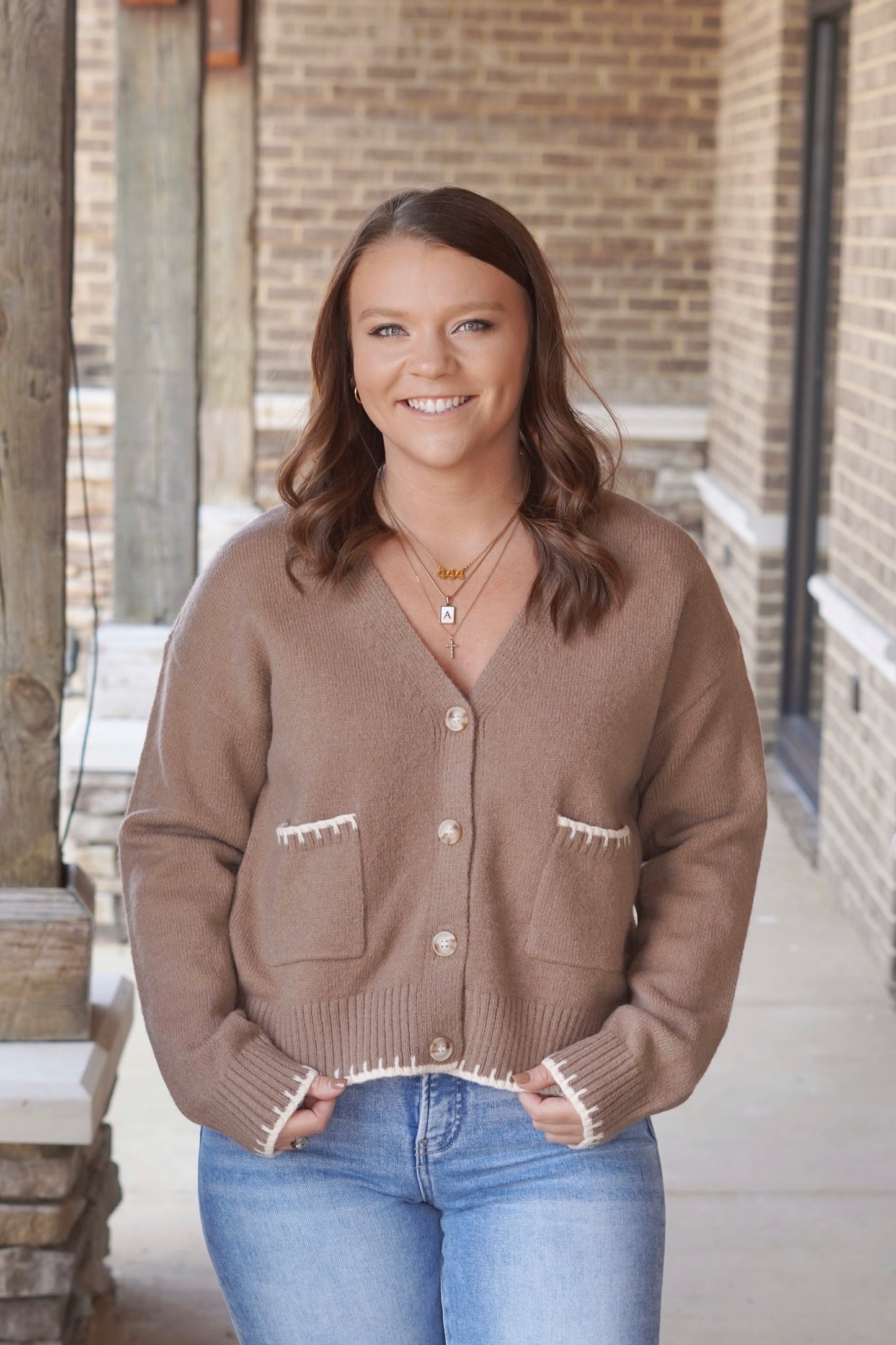 Winnie Whipstitch Long Sleeve Cardigan, V-Neckline, Button Down Closure, Cream Whipstitch Detail On Sleeves and Pockets, Color: Cocoa, Long Sleeve, Full Length