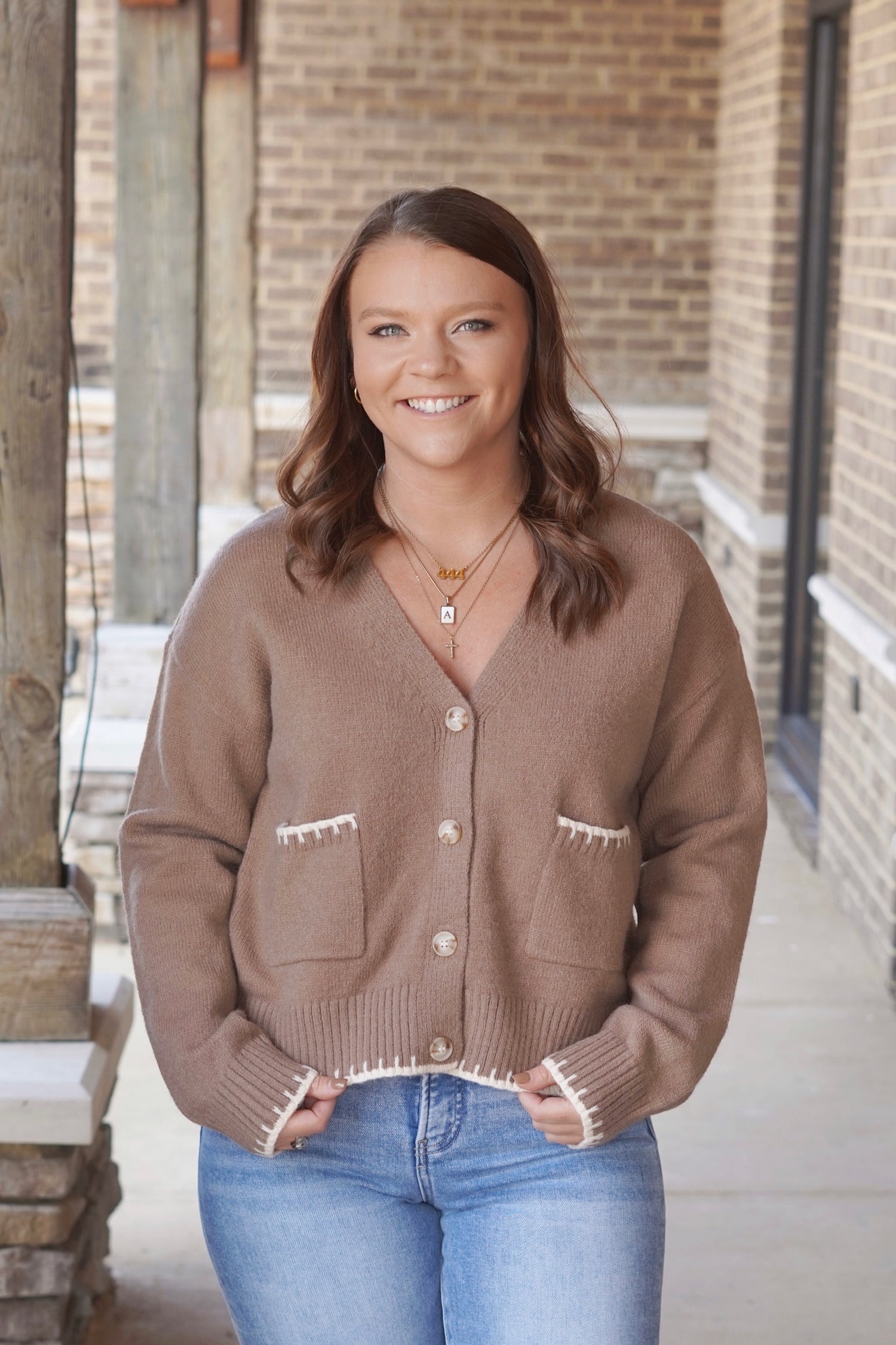 Winnie Whipstitch Long Sleeve Cardigan, V-Neckline, Button Down Closure, Cream Whipstitch Detail On Sleeves and Pockets, Color: Cocoa, Long Sleeve, Full Length