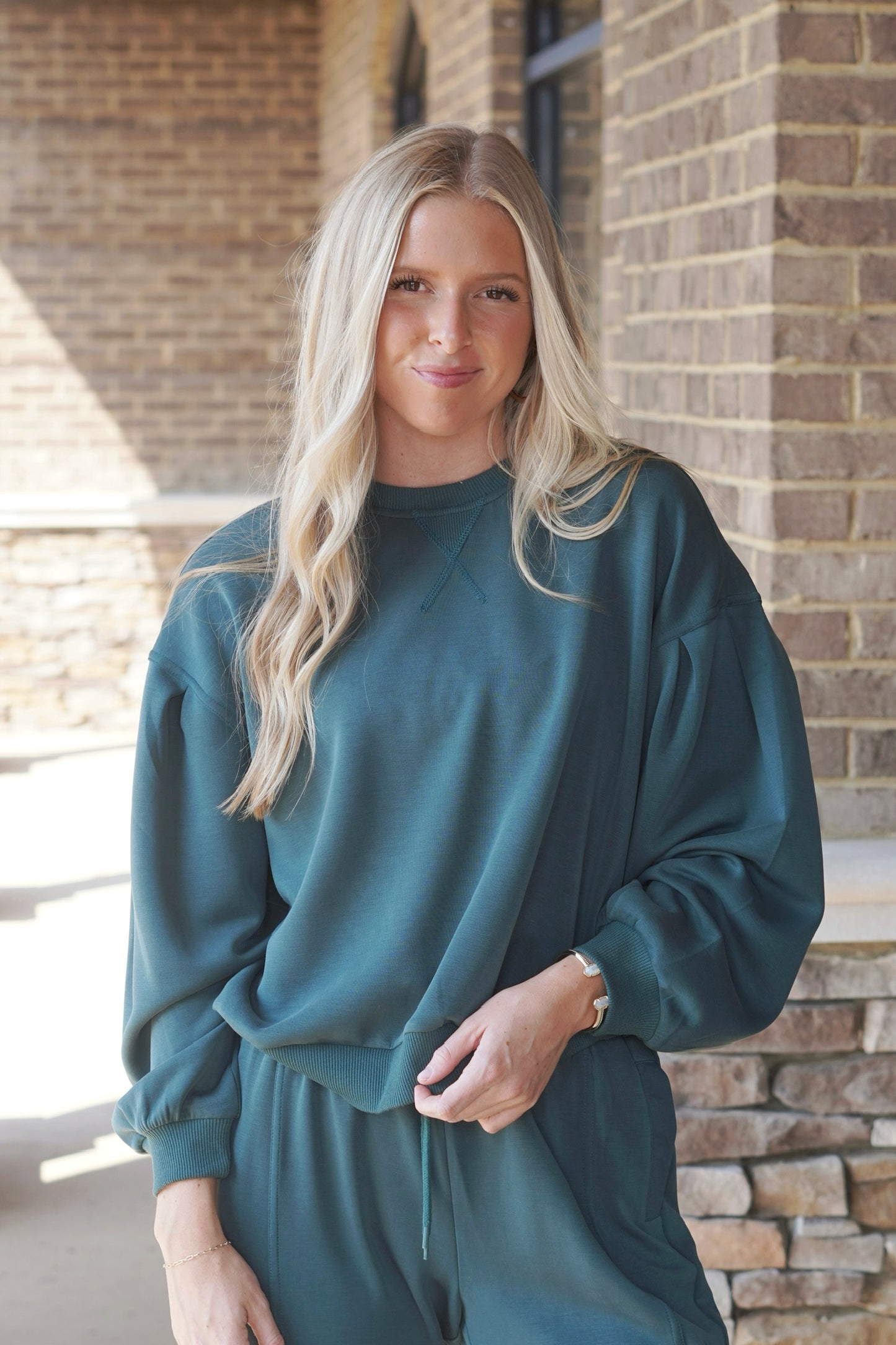 On The Go Sleek Brown Pullover, Round Neckline, Long Sleeves, Relaxed Fit, Full Length, True To Size, Color: Dark Teal. 