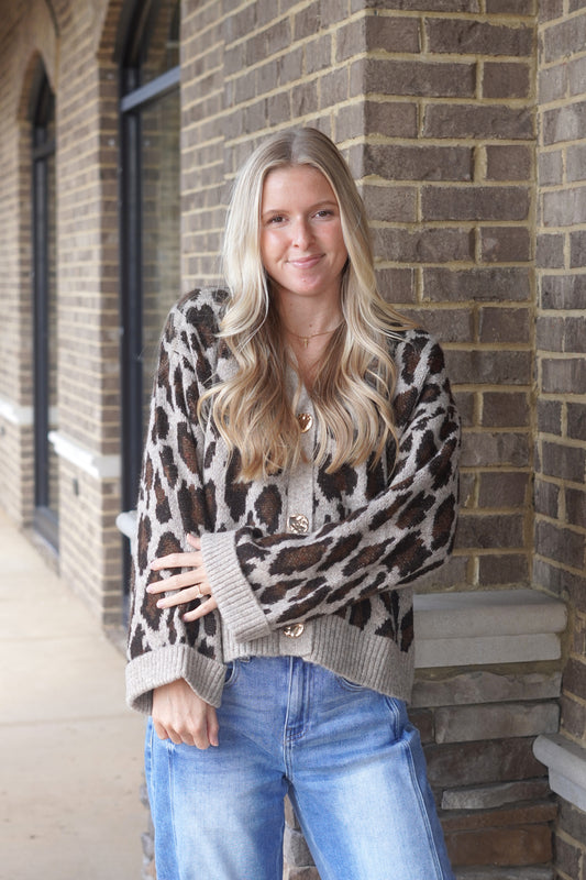 Leopard Knit Long Sleeve Cardigan