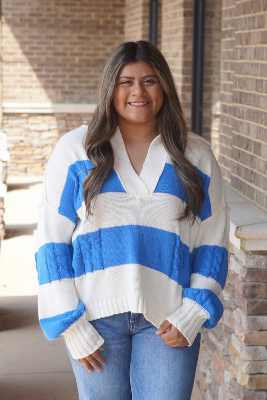 Blue Stripes Long Sleeve Sweater, Collar Neckline, Long Sleeves, Sweater, Knit Material, Blue Stripes, Color: Cream/Blue, Full Length