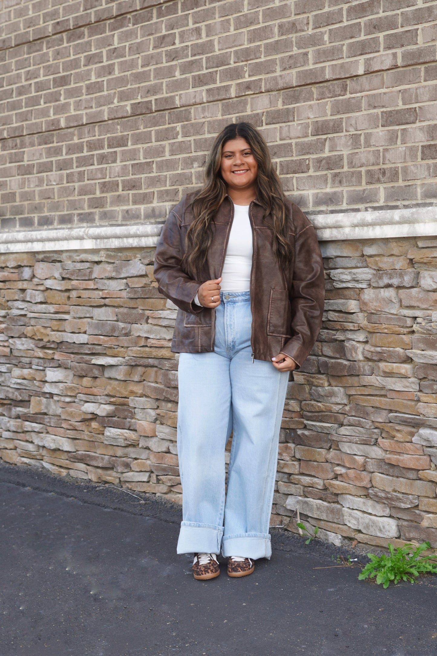 Autumn Faux Leather Zip Up Jacket, Collar Neckline, Long Sleeves, Zip Up, Color: Brown, Fuax Leather, Pockets