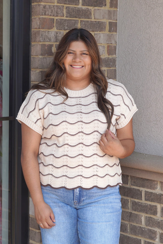 Honey Scallop Stripe Sweater Top