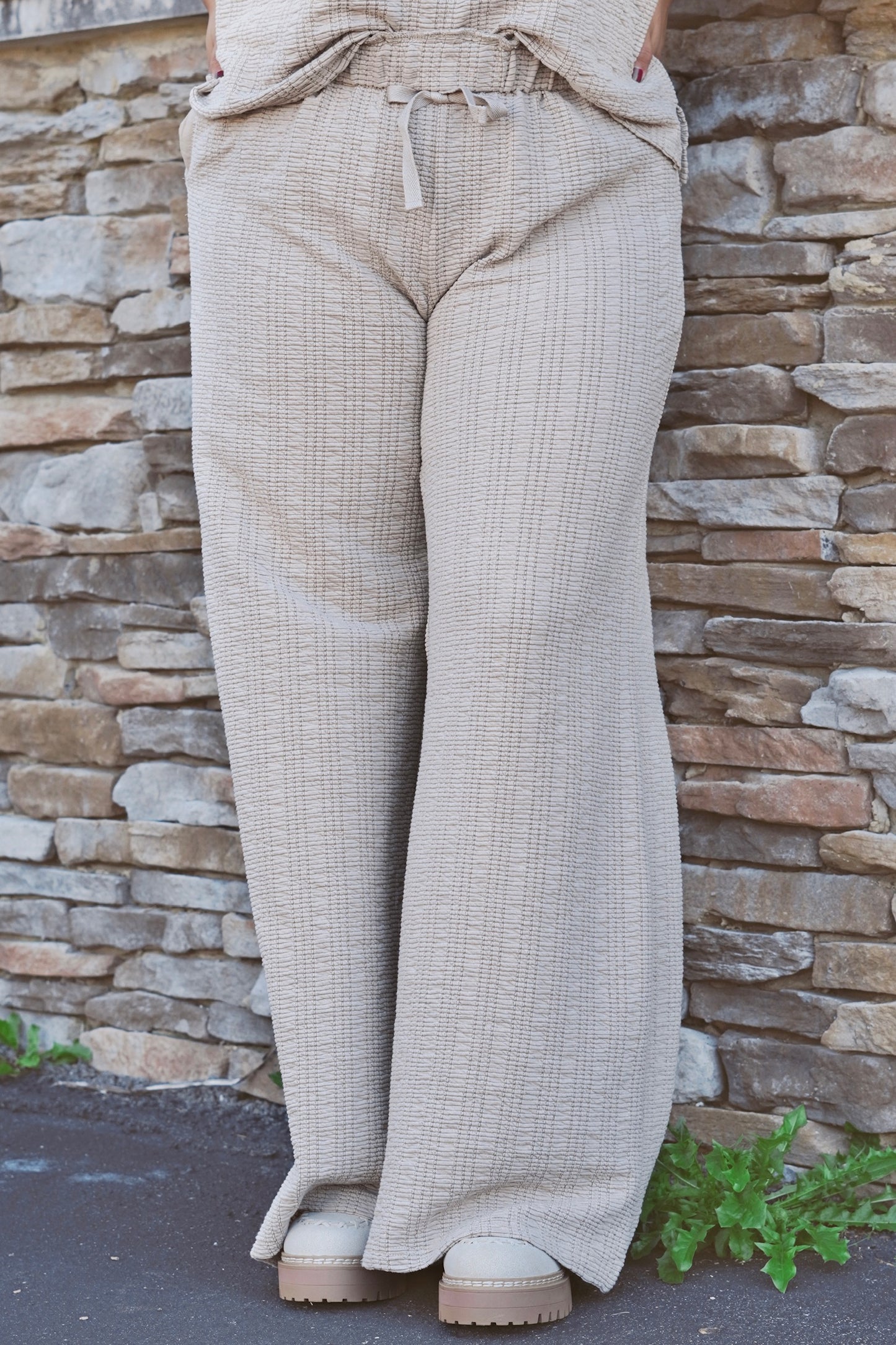 Kimber Knit Wide Legs Textured Cotton Pants, Elastic Waistband With Drawstring, Wide Leg, Inseam: 29", Colors: Oat, Relaxed Fit, Pockets