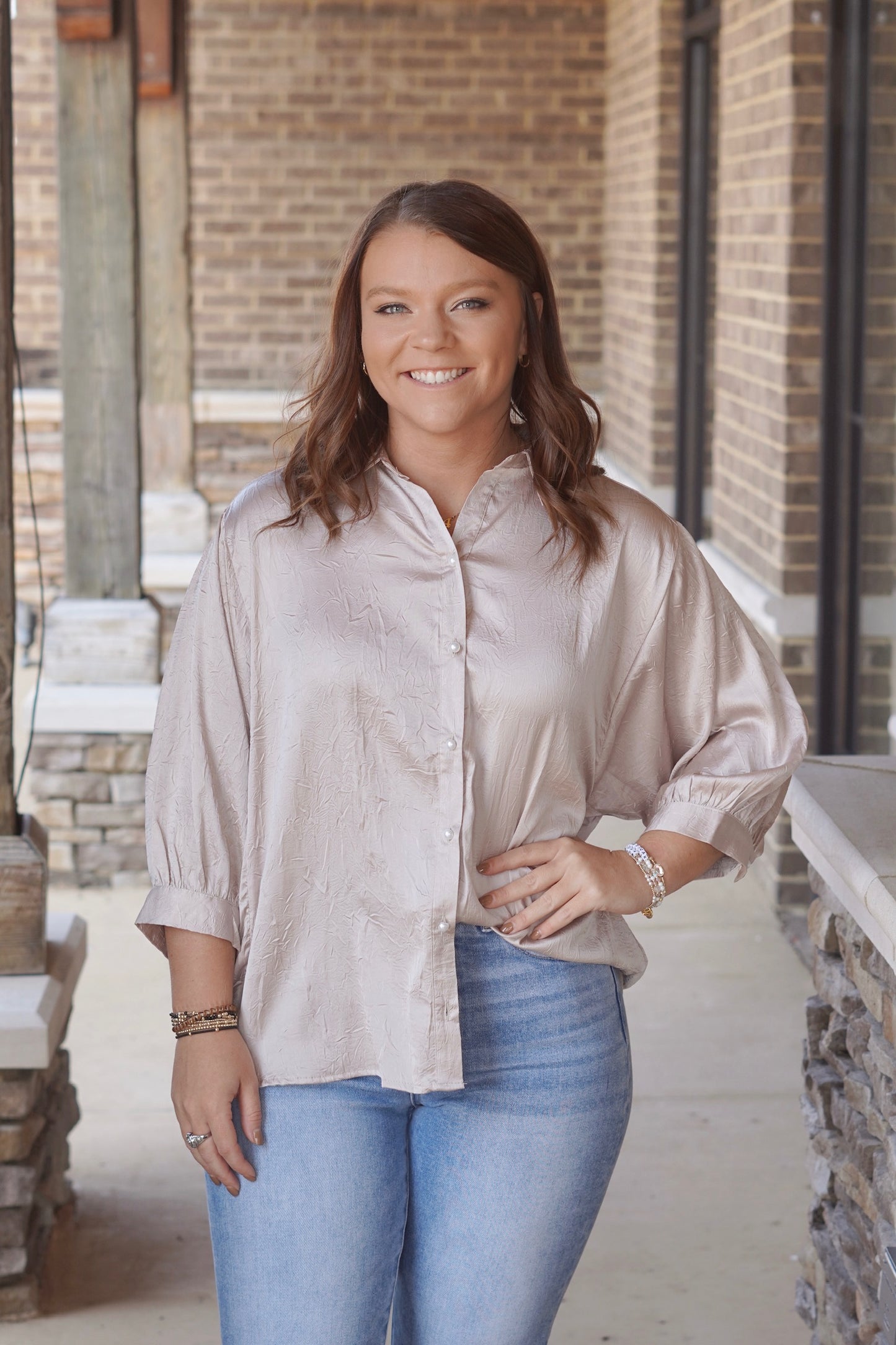 So Sleek Satin Flowy Blouse, Collar Neckline, Quarter Length Sleeves, Color: Tan, Flowy, Full Length, Pearl Buttons, Satin Material. 
