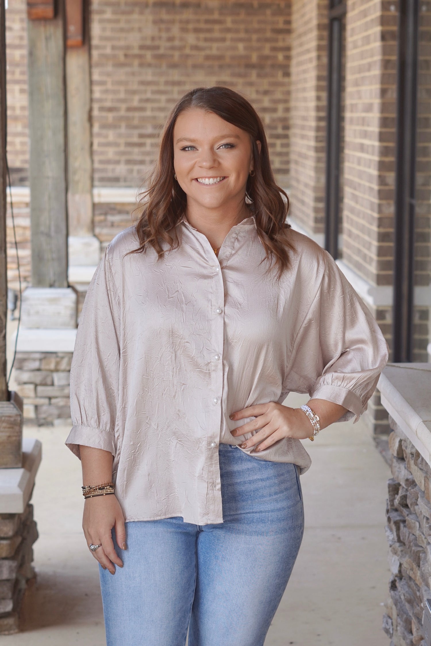 So Sleek Satin Flowy Blouse, Collar Neckline, Quarter Length Sleeves, Color: Tan, Flowy, Full Length, Pearl Buttons, Satin Material. 

