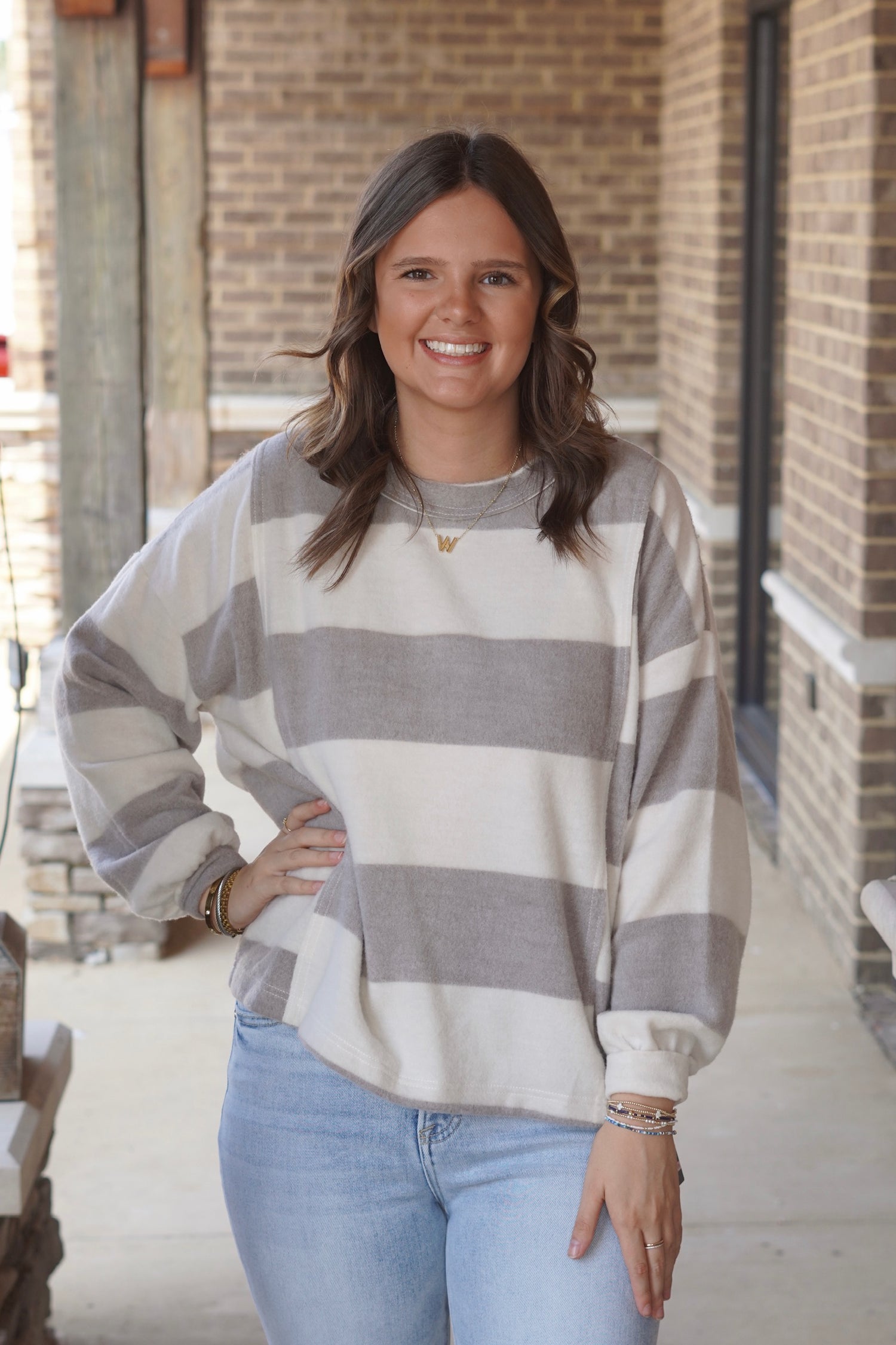 Sutton Striped Soft Long Sleeve, Round Neckline, Long Sleeves, Striped, Soft Knit Material, Relaxed Fit, Waistline Length, Colors: Taupe. 