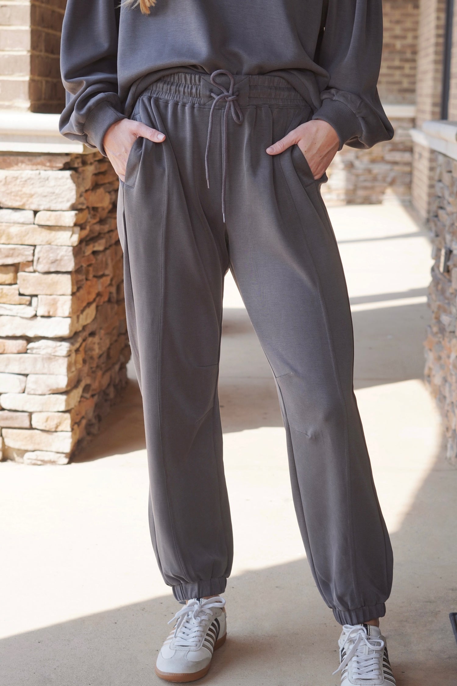 On The Go Sleek Brown Joggers, Elastic Waistband, Drawstring, Pocket, Joggers, Inseam: 27", Color: Charcoal