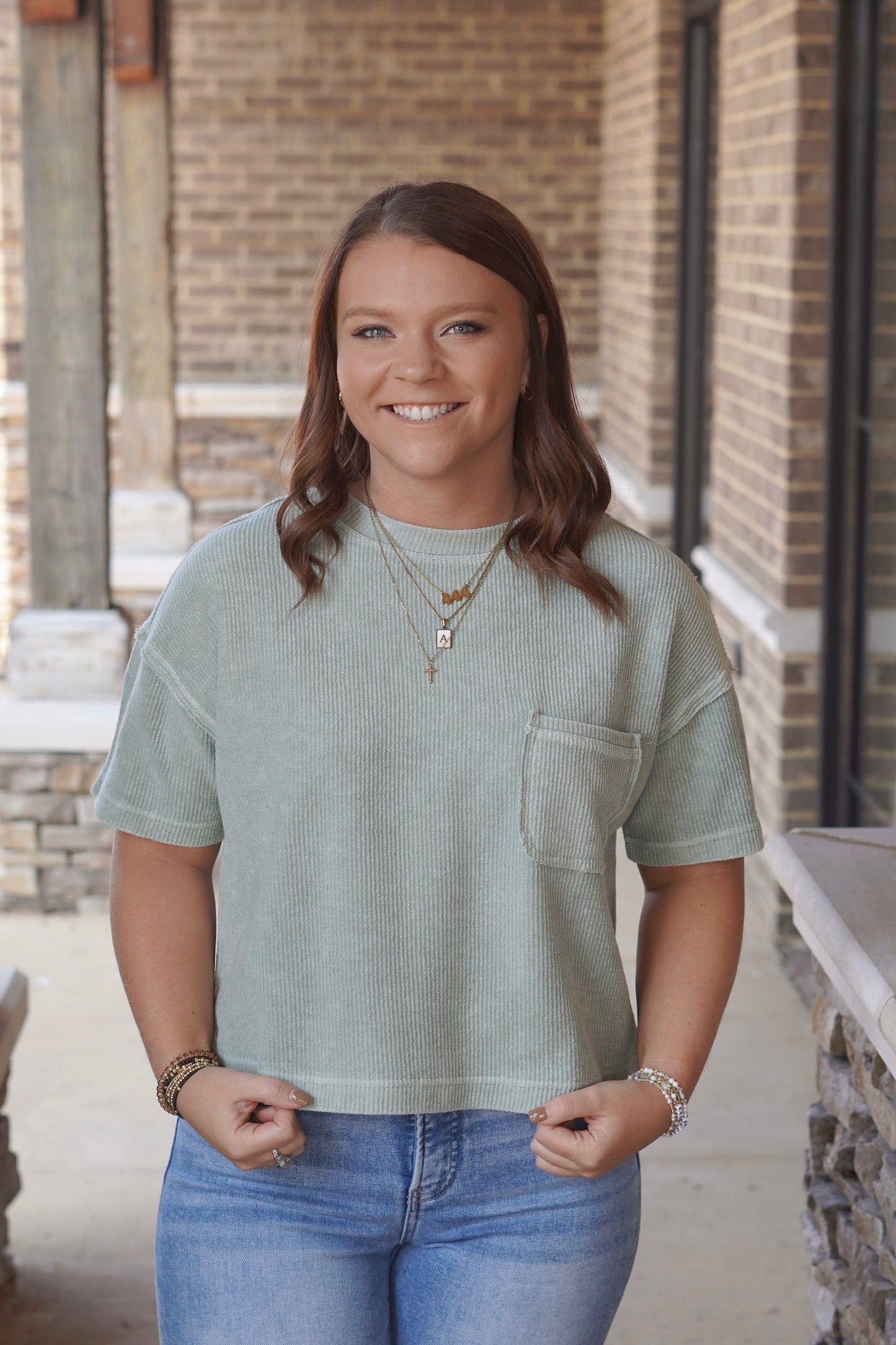 Wren Washed Ribbed Short Sleeve Tee, Round Neckline, Short Sleeves, Cropped, Pocket Tee, Ribbed Material, Relaxed Fit, Light Olive