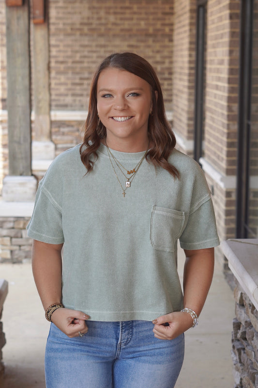 Wren Washed Ribbed Short Sleeve Tee, Round Neckline, Short Sleeves, Cropped, Pocket Tee, Ribbed Material, Relaxed Fit, Light Olive