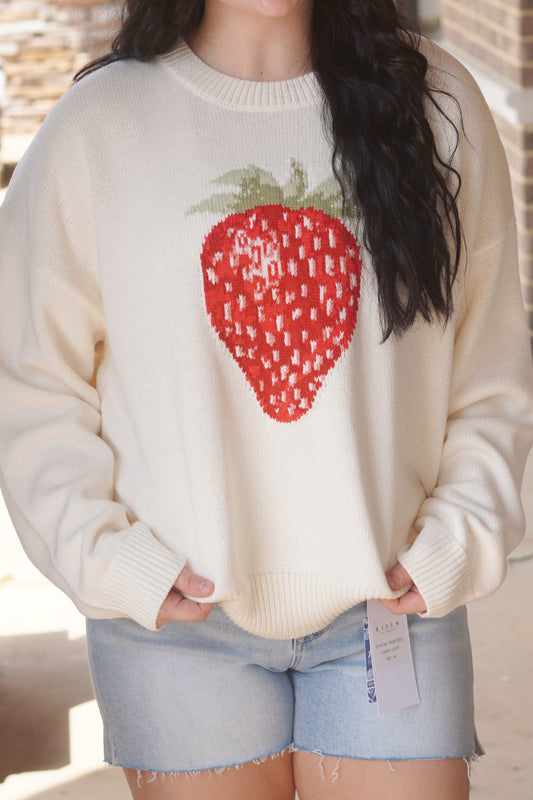 Women Wearing a Strawberry Sweater, Round Neckline. 