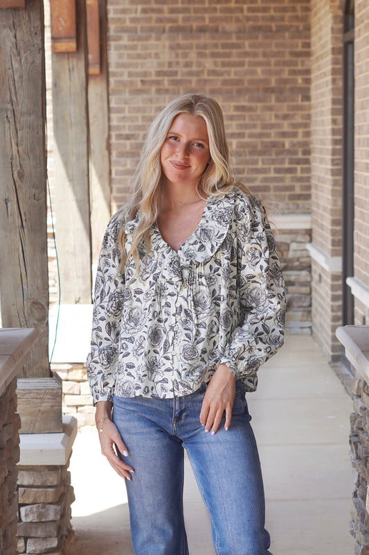 Felicity Floral Long Sleeve Blouse, V-Neckline, Long Sleeves, Blouse, True To Size, Color: Cream, Floral Print