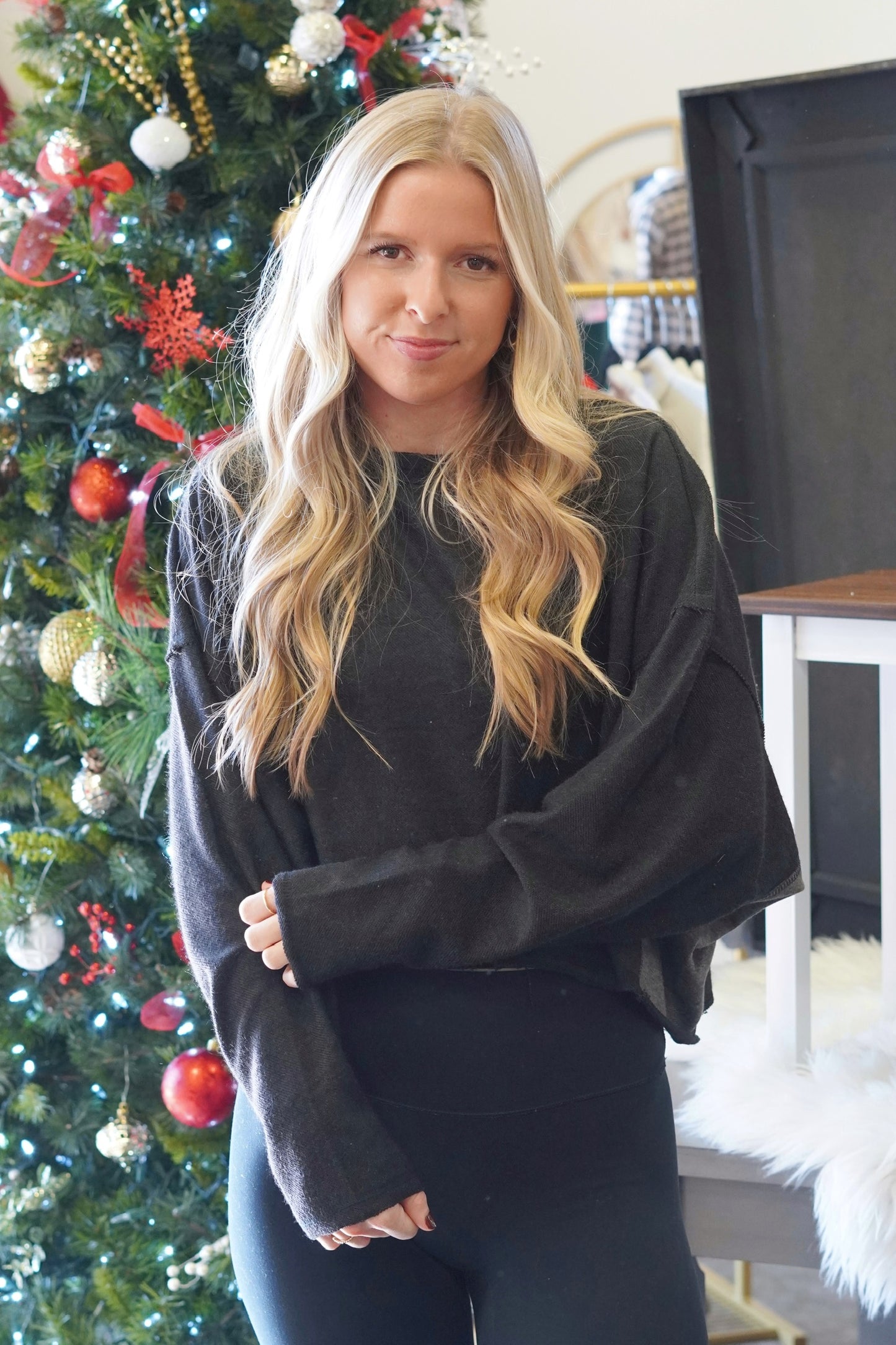 Reagan Relaxed Fit Sweatshirt, Crew Neckline, Long Sleeves, Cropped, Raw Hemline, Relaxed Fit, Colors: Charcoal