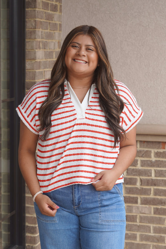 Red Stripe Collar Top
