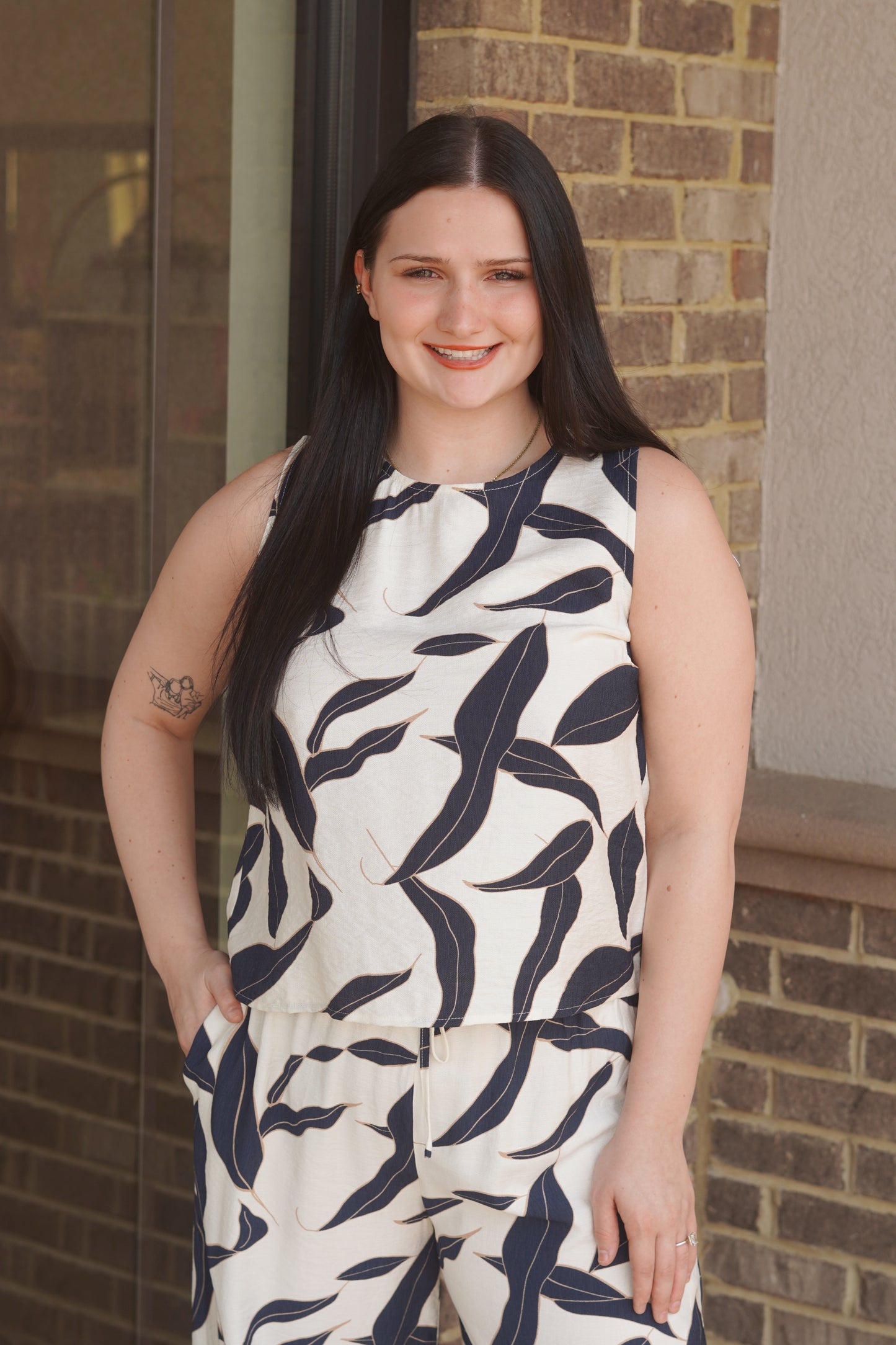 Navy leaf Print Top