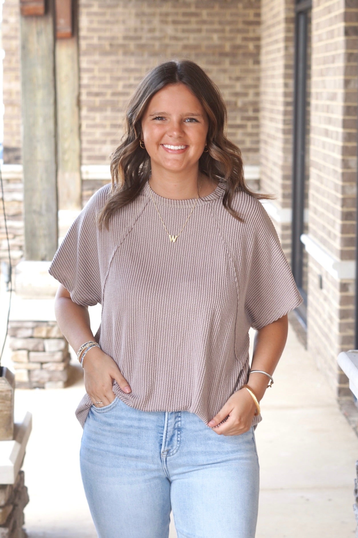 short sleeve coco colored top, corded texture, relaxed fit