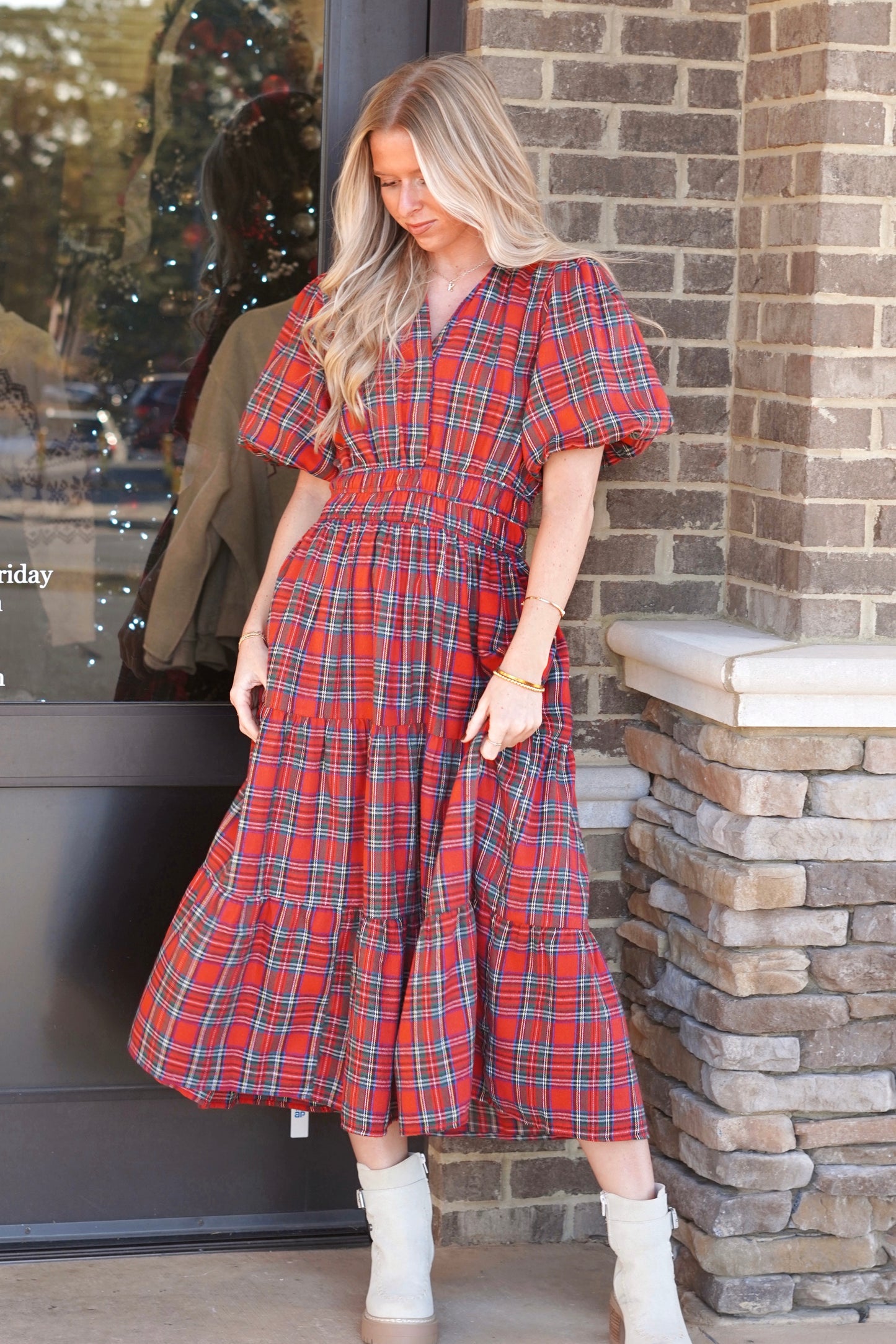 Holly Puff Sleeve Plaid Tiered Dress, Puff Sleeves, Midi Dress, Plaid, Color: Red, True To Size, Pockets