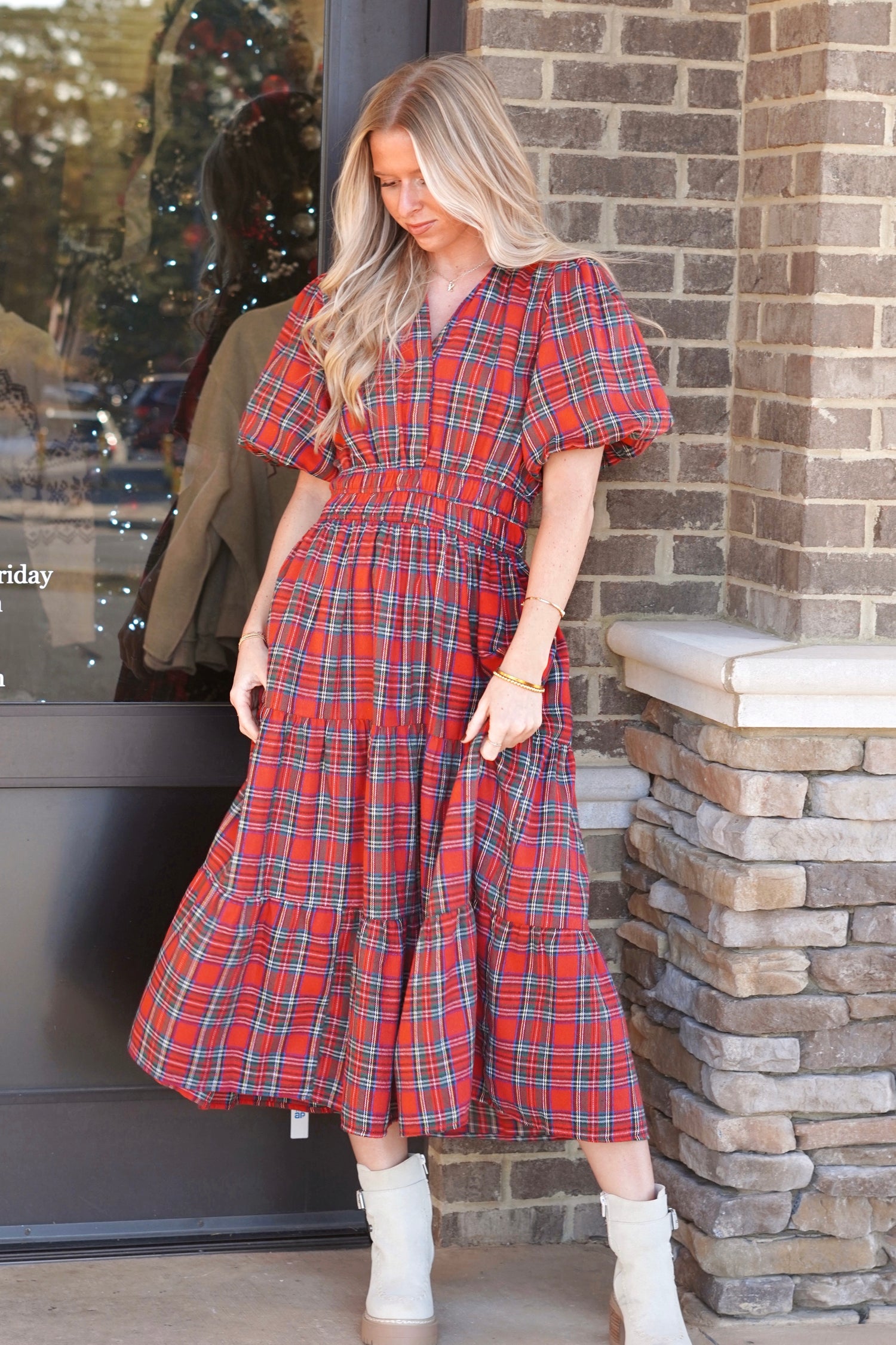 Holly Puff Sleeve Plaid Tiered Dress, Puff Sleeves, Midi Dress, Plaid, Color: Red, True To Size, Pockets