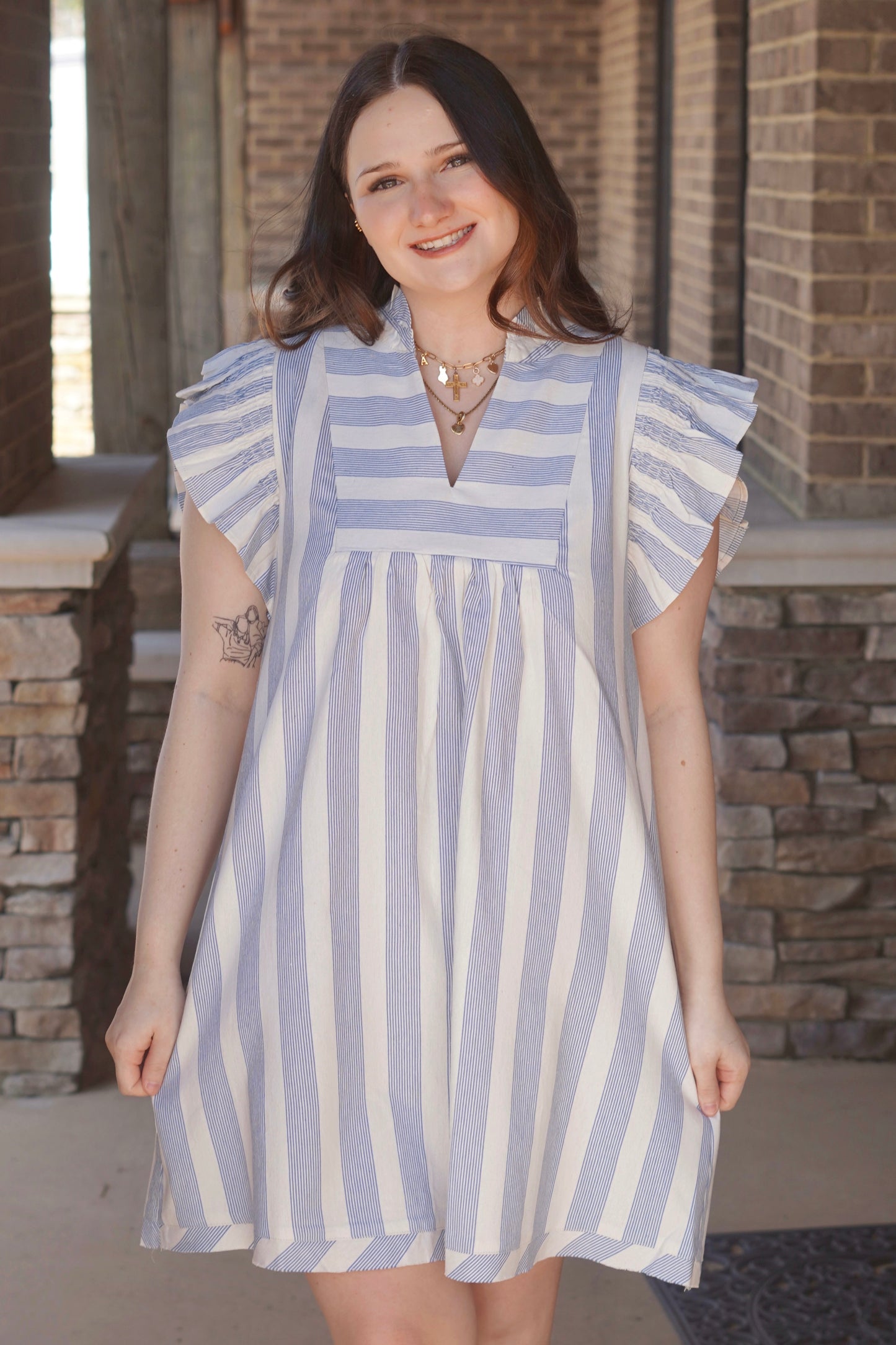 Becca Blue Striped Ruffle Sleeve Dress