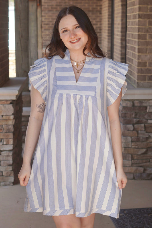 Becca Blue Striped Ruffle Sleeve Dress
