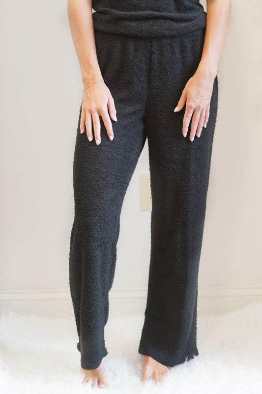 Black Cozy Knit Pants from Amanda Blu, Elastic Waistband, Terry Cloth Fabric, Relaxed Fit.